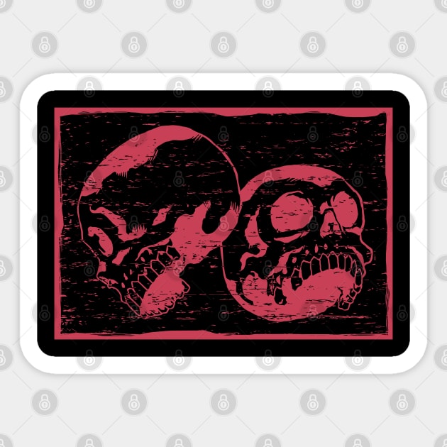 Twin Skulls Retro Red Distressed Lineart Sticker by ebayson74@gmail.com